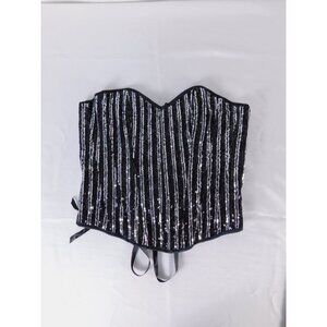 Black Striped Sequin Corset Top Womens Small Strapless Lace Up Bustier